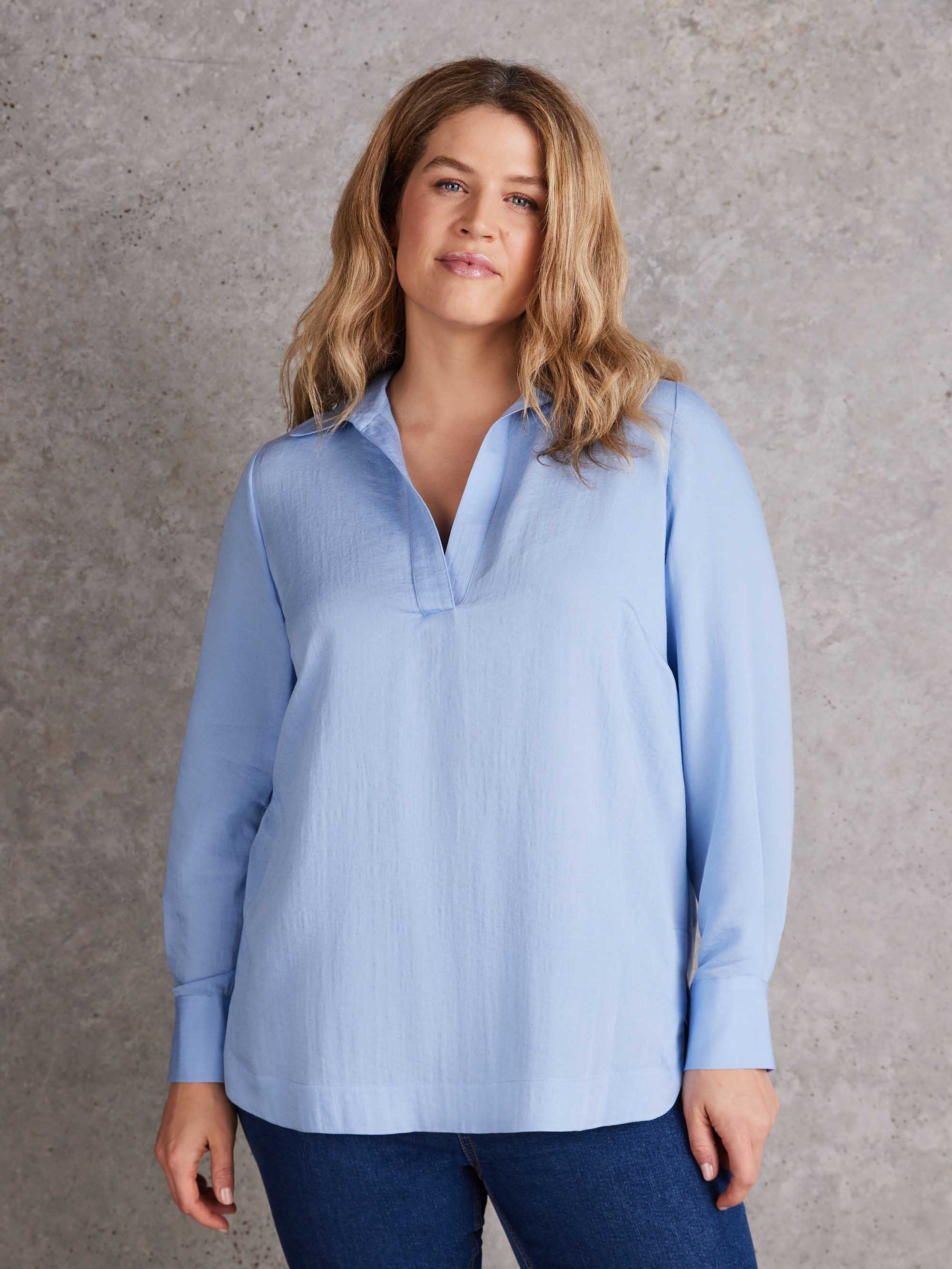 Curve dusty blue collared blouse with long sleeves and relaxed slip-on fit