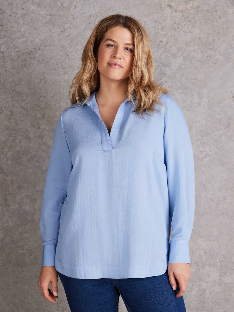 Curve dusty blue collared blouse with long sleeves and relaxed slip-on fit
