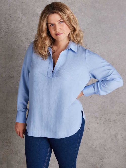 Plus size dusty blue long sleeve collared shirt with wide placket and button cuffs