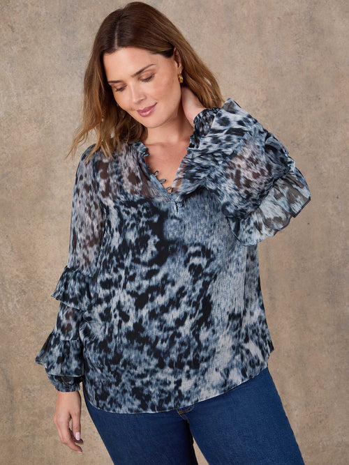 Multi Abstract Print Frill Sleeve Blouse