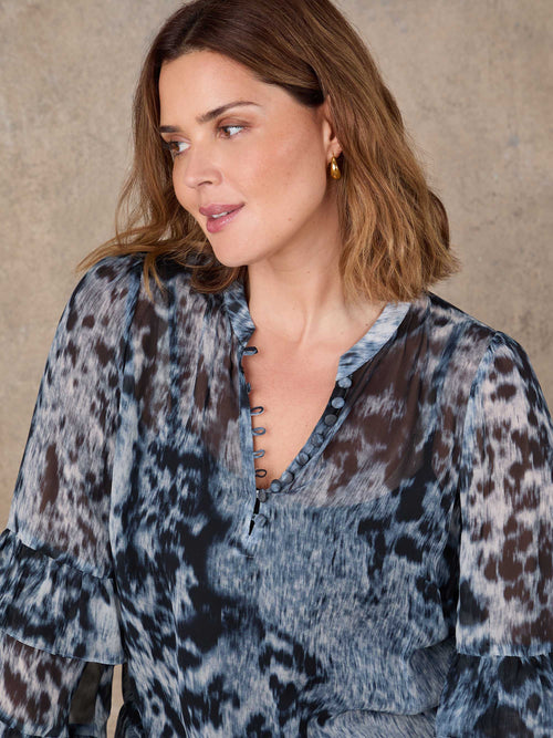 Multi Abstract Print Frill Sleeve Blouse