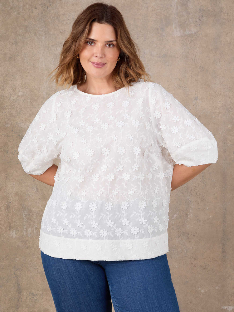 White Floral Embroidered Puff Sleeve Blouse