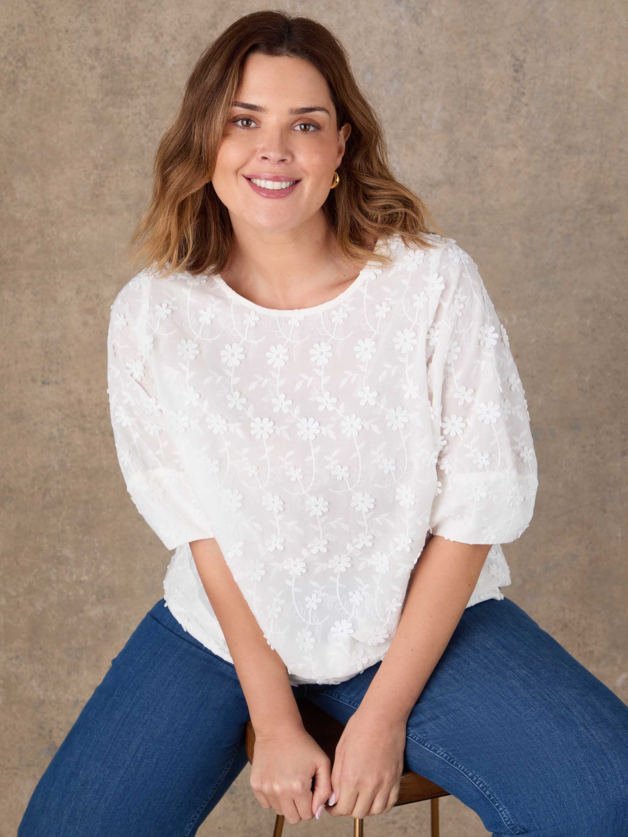 White Floral Embroidered Puff Sleeve Blouse