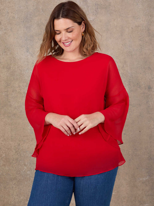 Red Angel Sleeve Overlay Top