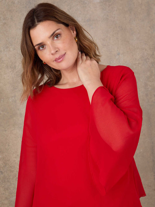 Red Angel Sleeve Overlay Top