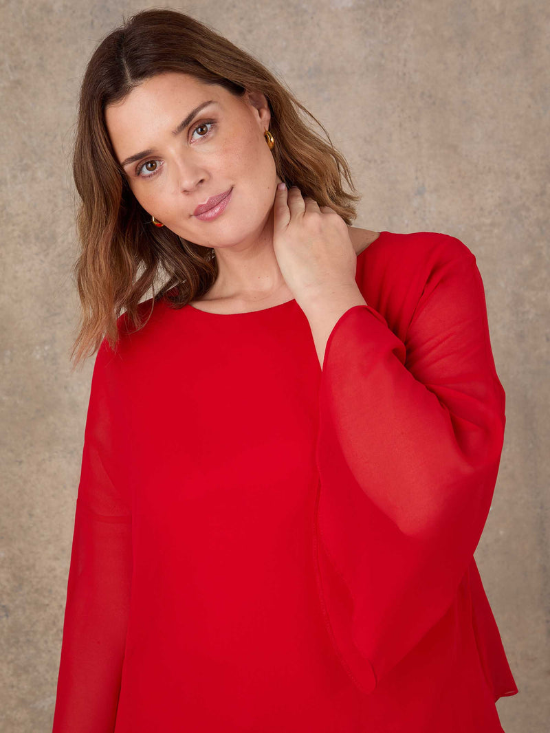 Red Angel Sleeve Overlay Top