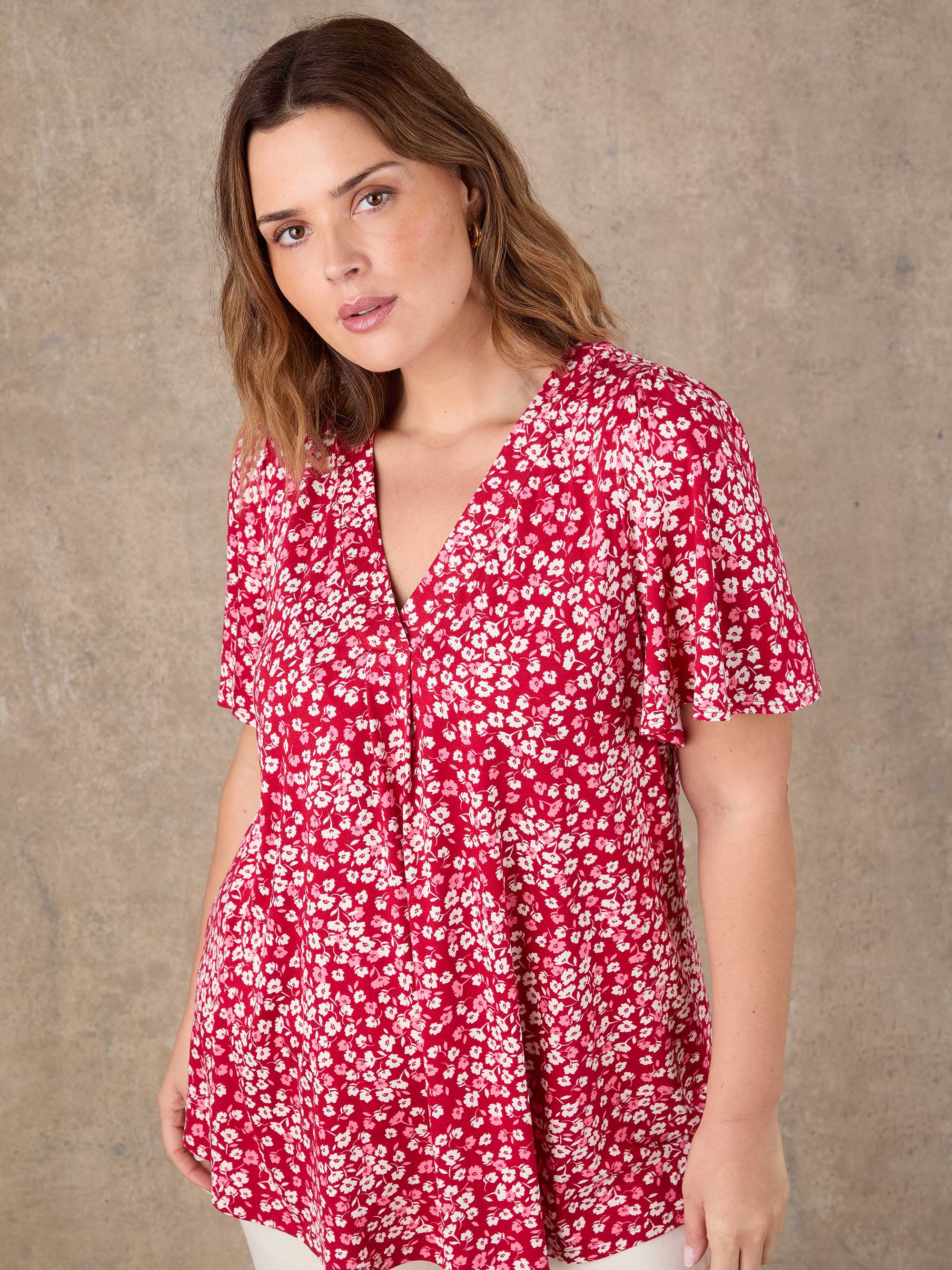 Red Ditsy Print Flutter Sleeve Pleat Front Top