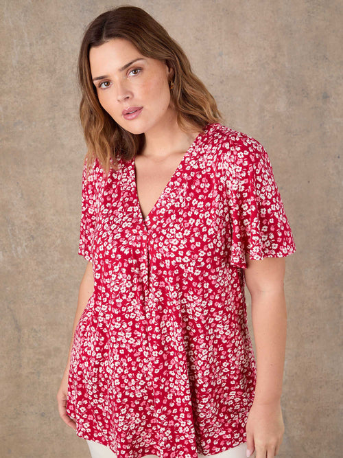 Red Ditsy Print Flutter Sleeve Pleat Front Top