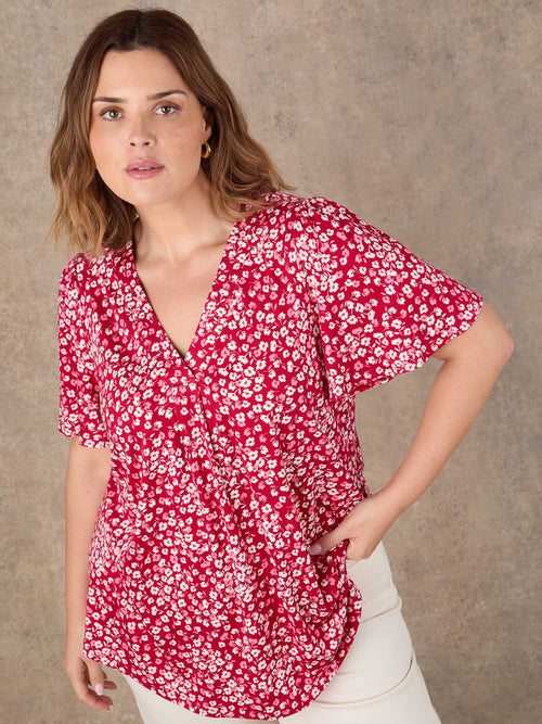 Red Ditsy Print Flutter Sleeve Pleat Front Top