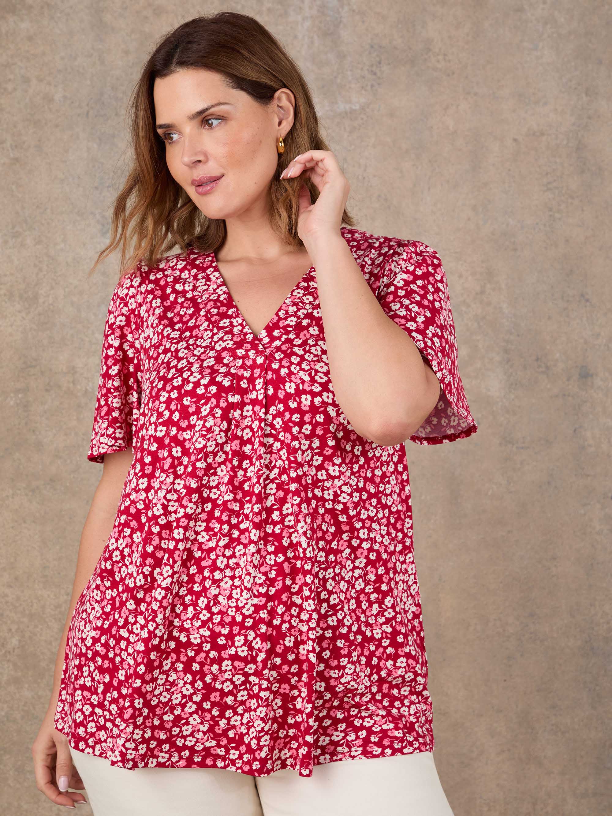 Red Ditsy Print Flutter Sleeve Pleat Front Top