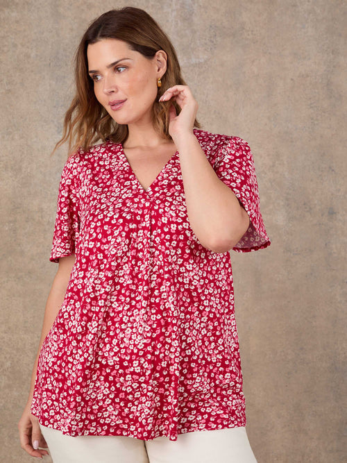 Red Ditsy Print Flutter Sleeve Pleat Front Top