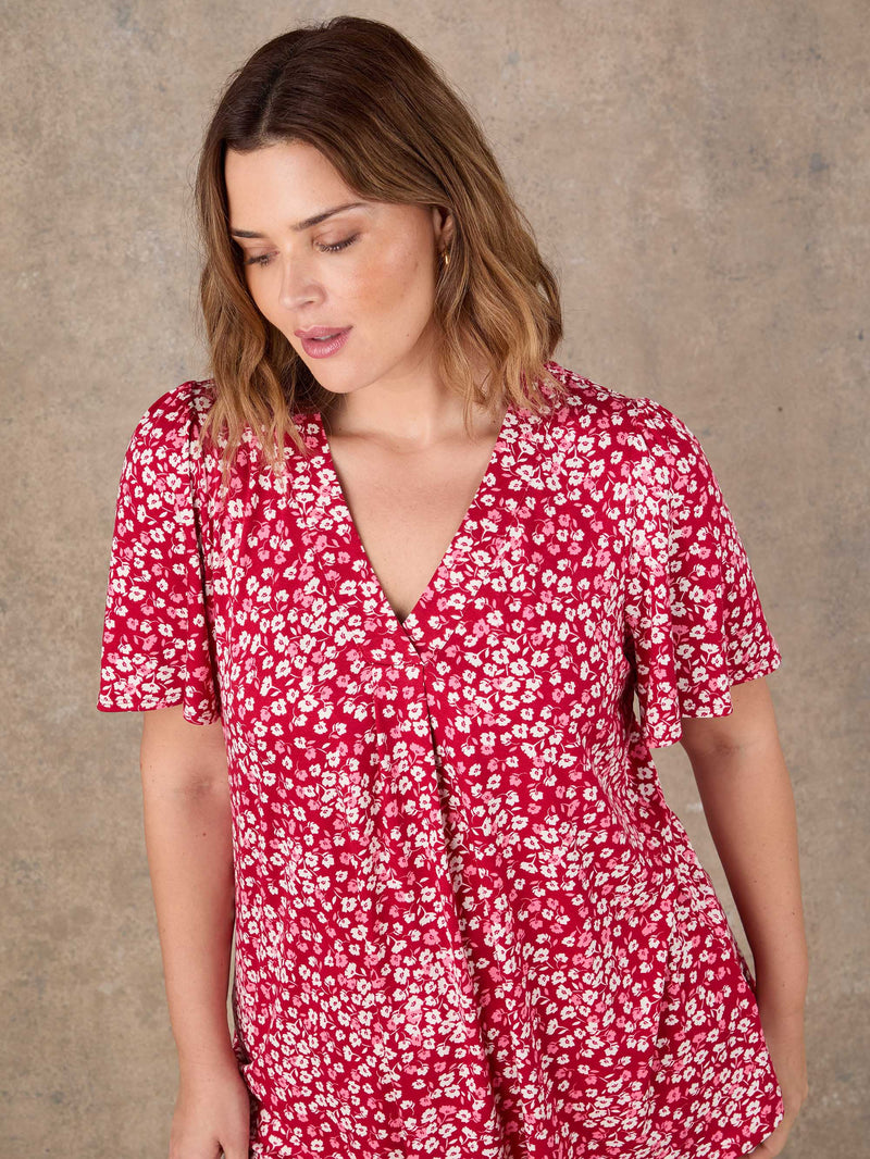 Red Ditsy Print Flutter Sleeve Pleat Front Top
