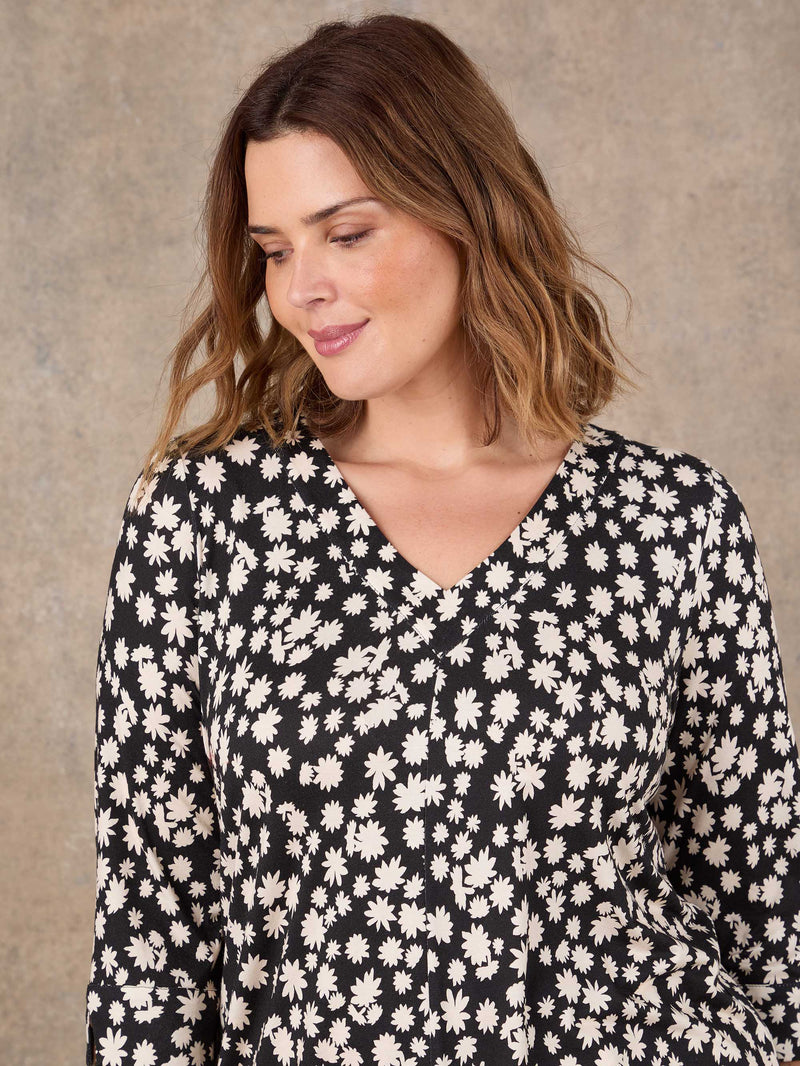 Black ditsy print petite top with relaxed fit