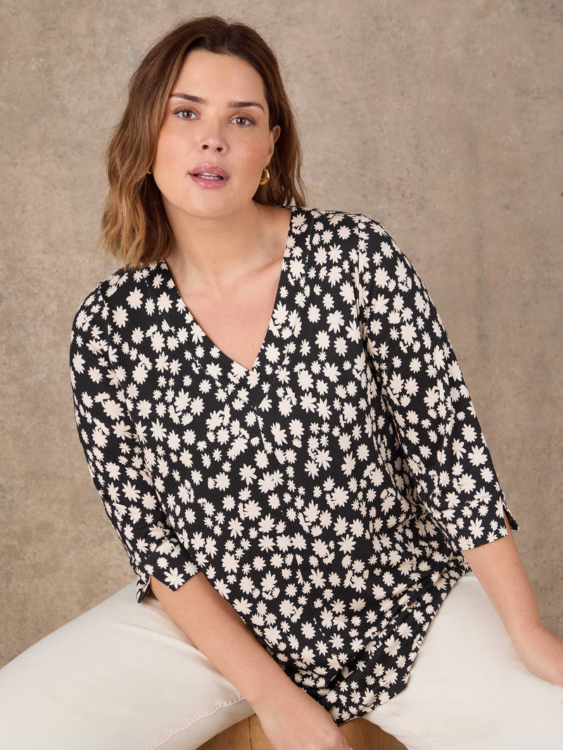 Petite black ditsy floral tunic with V-neckline