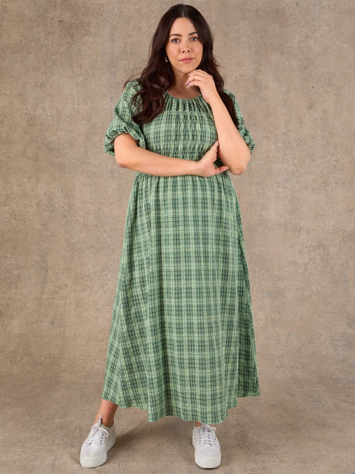 Green Check Print Blouson Sleeve Shirred Dress