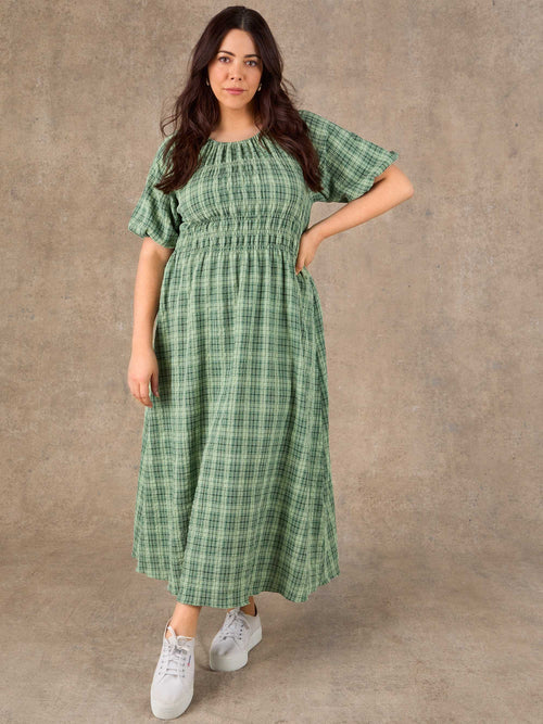 Green Check Print Blouson Sleeve Shirred Dress
