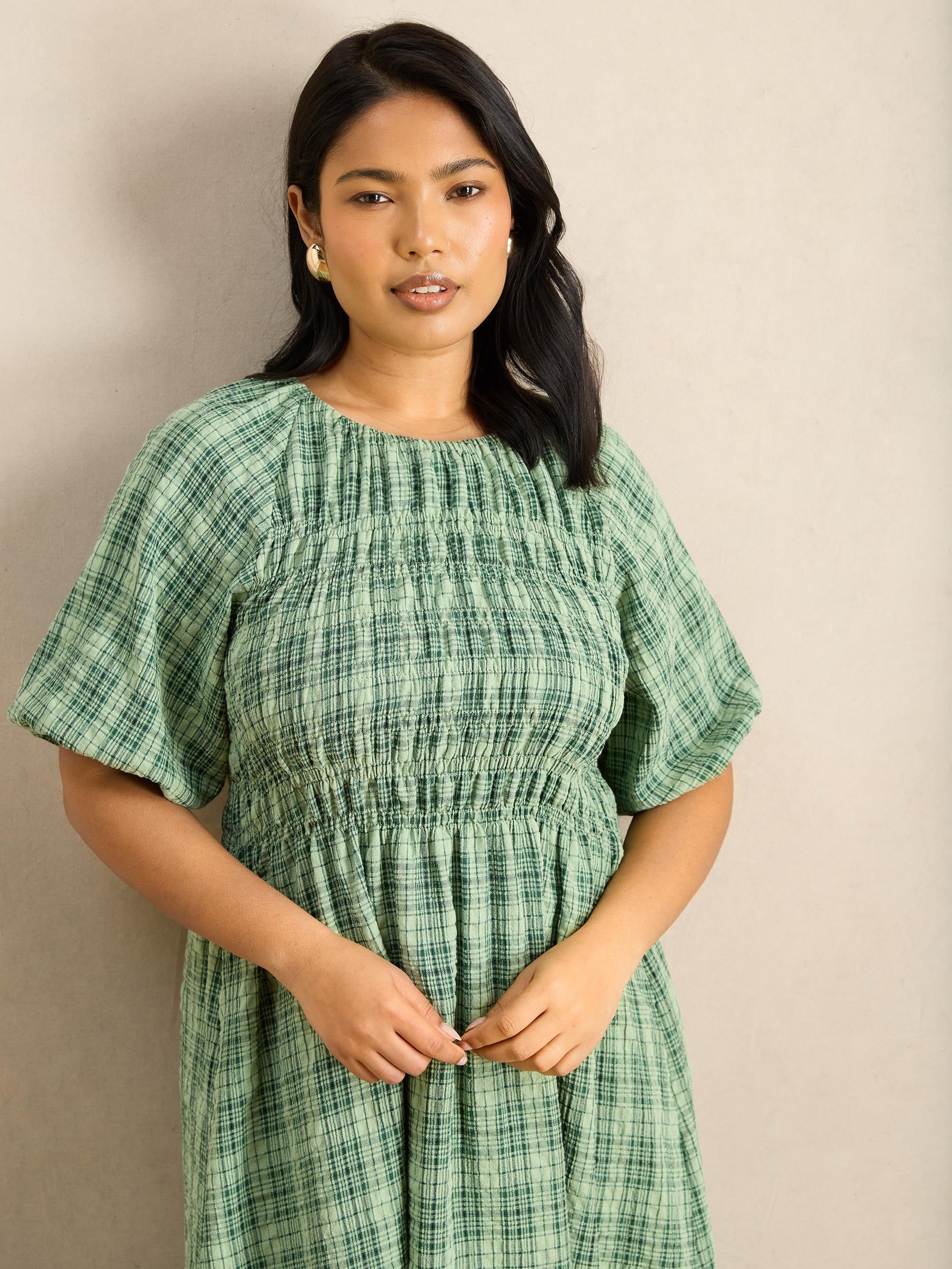 Green Check Print Blouson Sleeve Shirred Dress