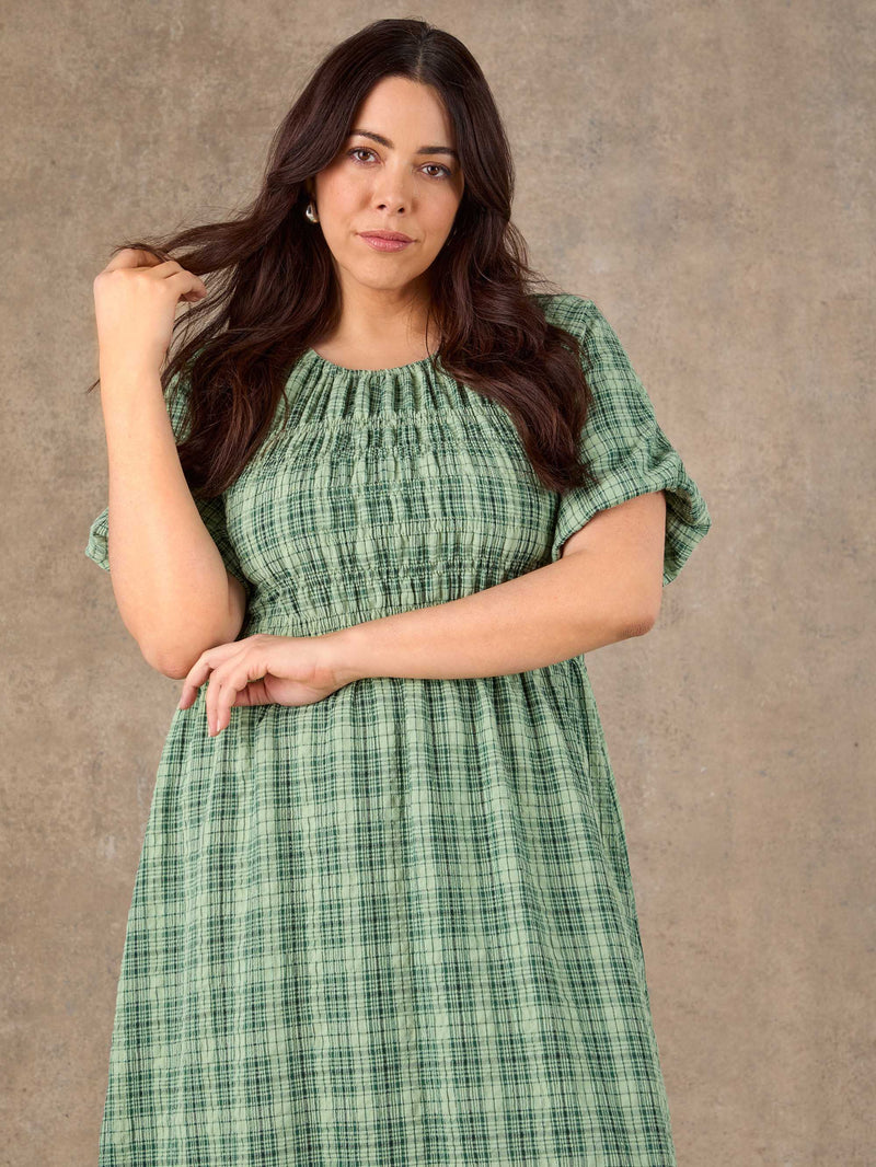 Green Check Print Blouson Sleeve Shirred Dress