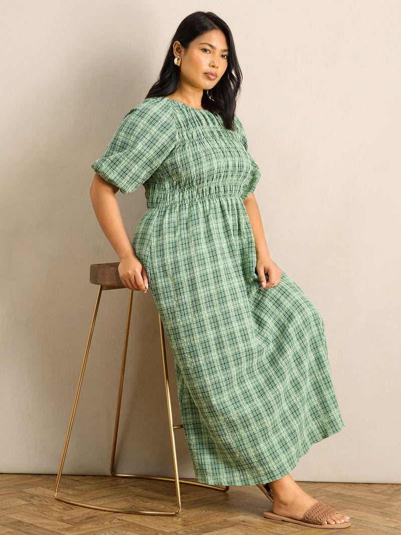 Green Check Print Blouson Sleeve Shirred Dress