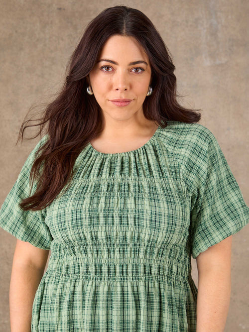 Green Check Print Blouson Sleeve Shirred Dress