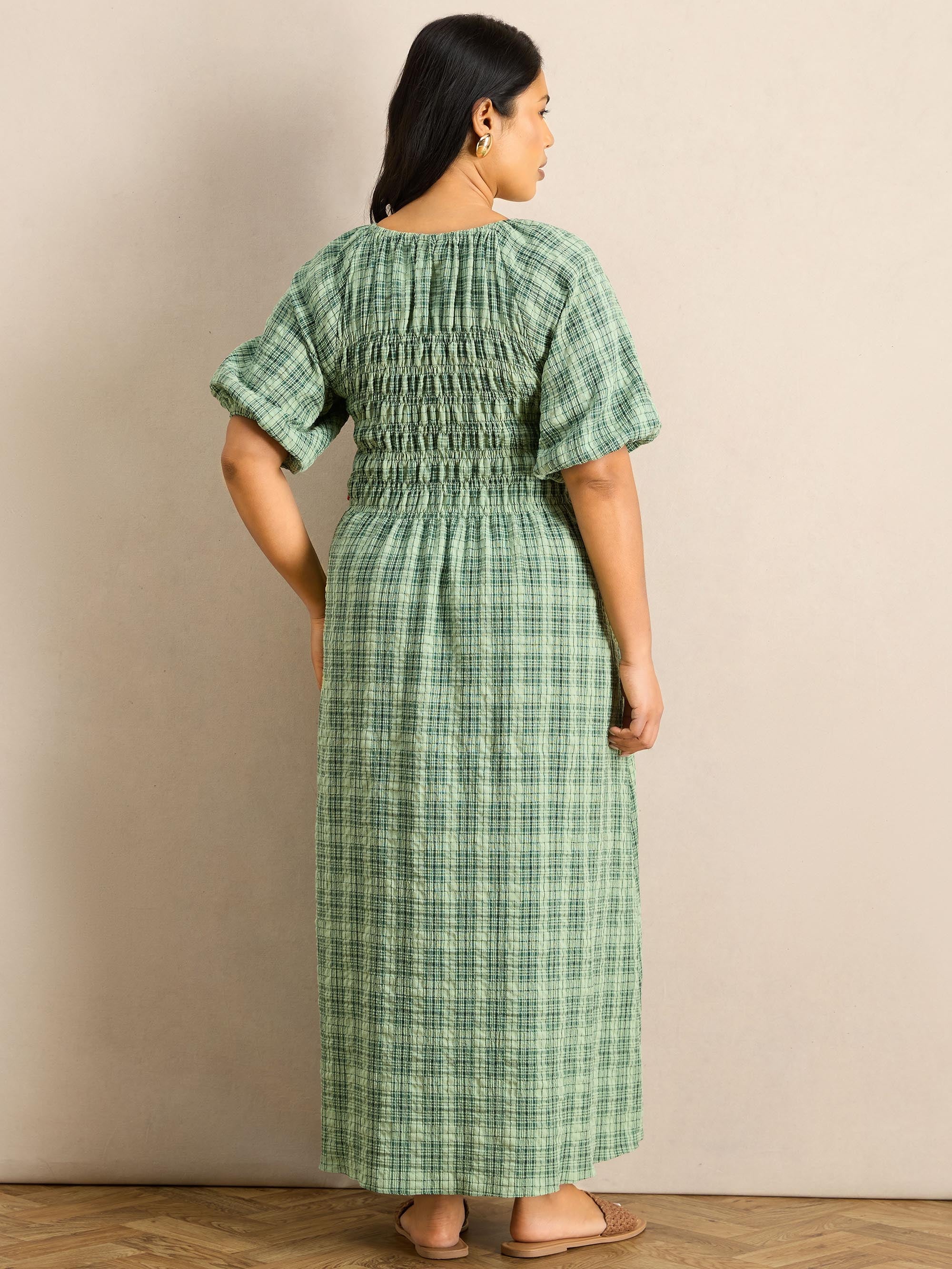 Green Check Print Blouson Sleeve Shirred Dress