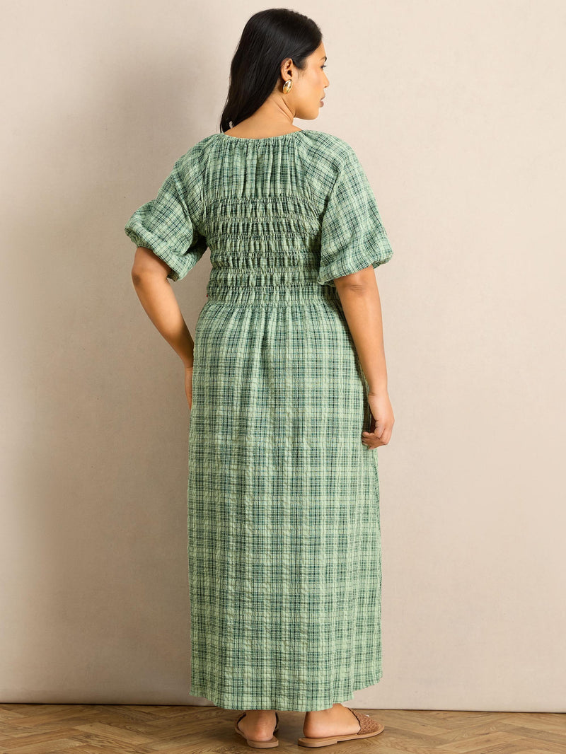Green Check Print Blouson Sleeve Shirred Dress