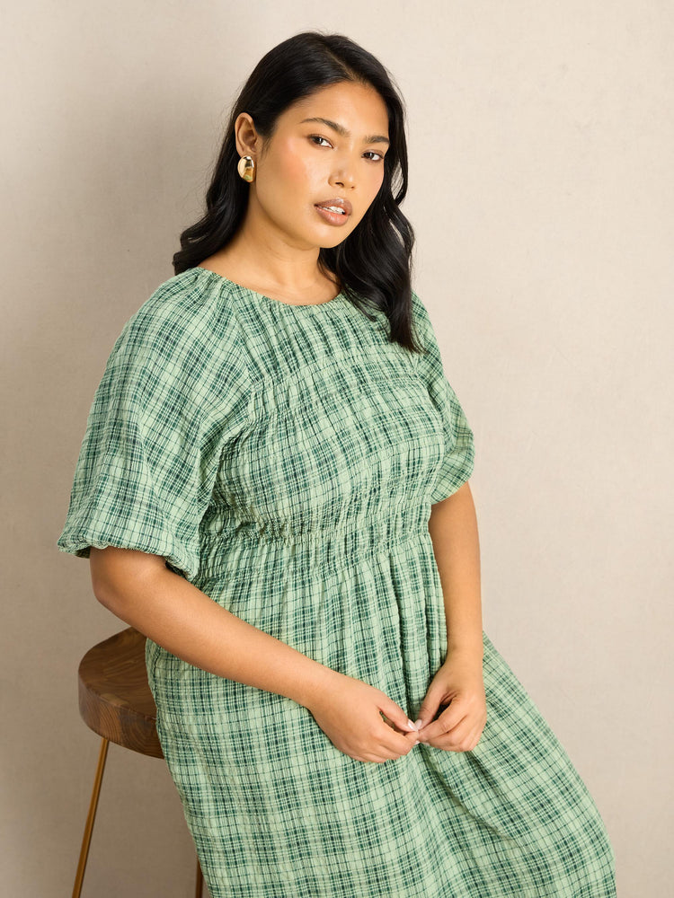 Green Check Print Blouson Sleeve Shirred Dress