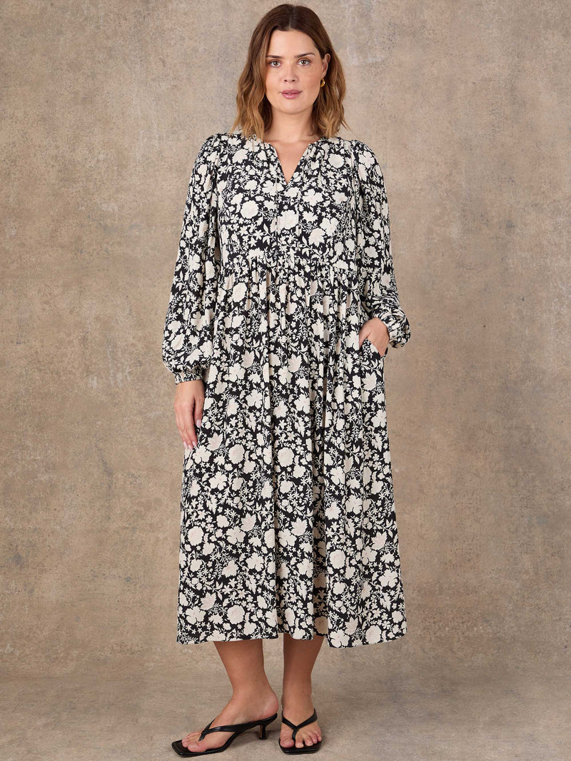 Black floral print midaxi dress with long sleeves