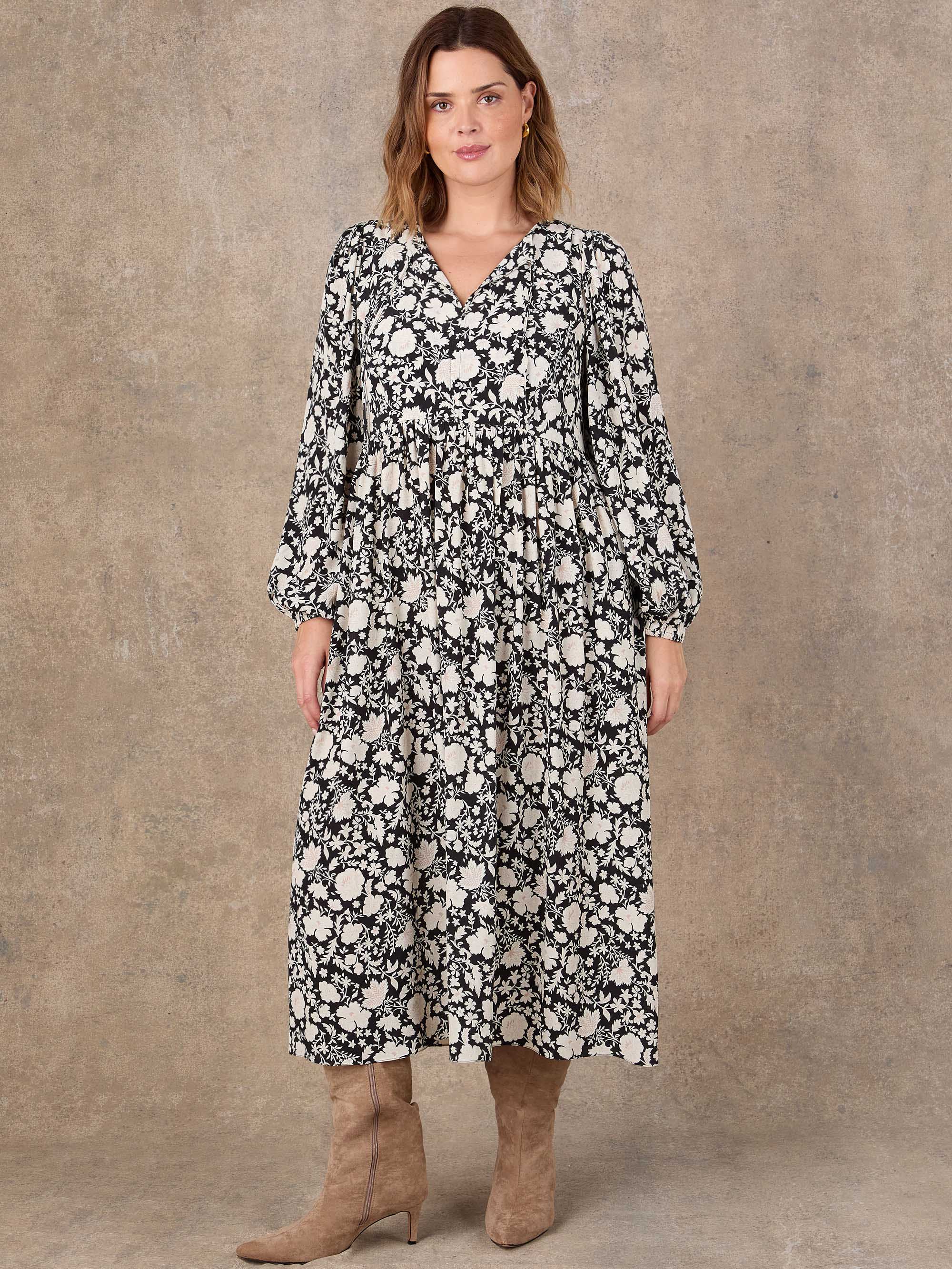Black floral print tie neck midaxi dress