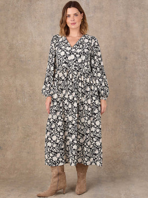 Black floral print tie neck midaxi dress