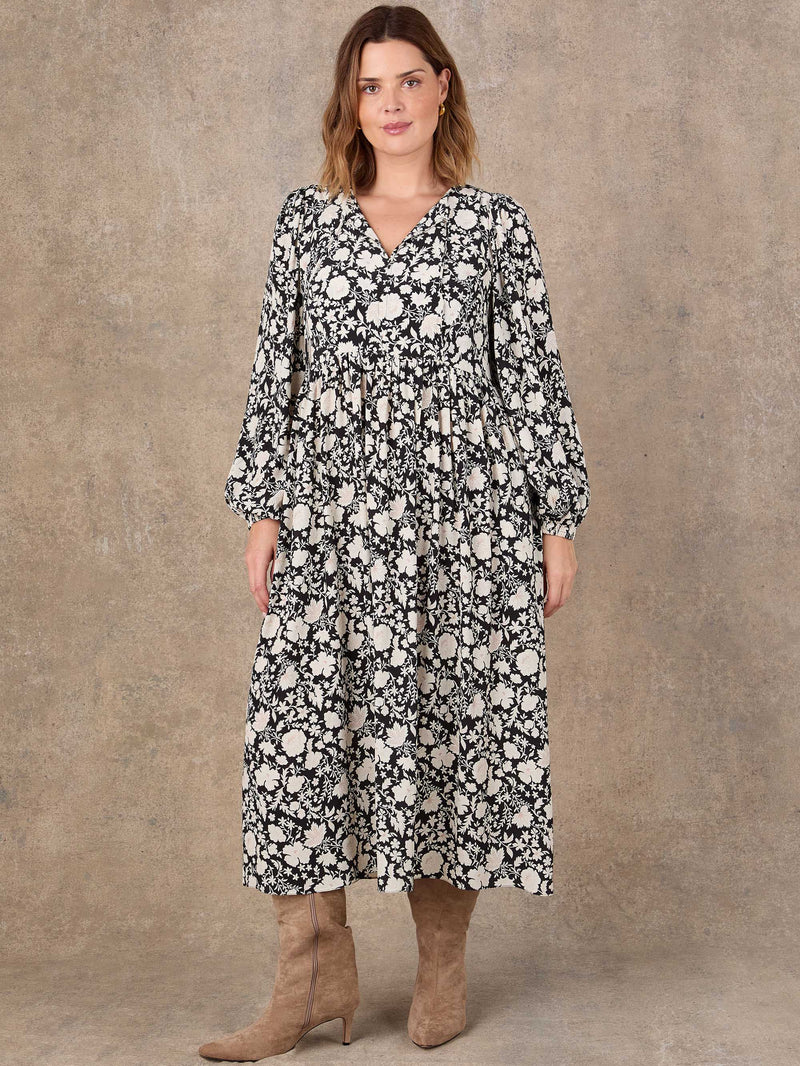 Black floral print tie neck midaxi dress