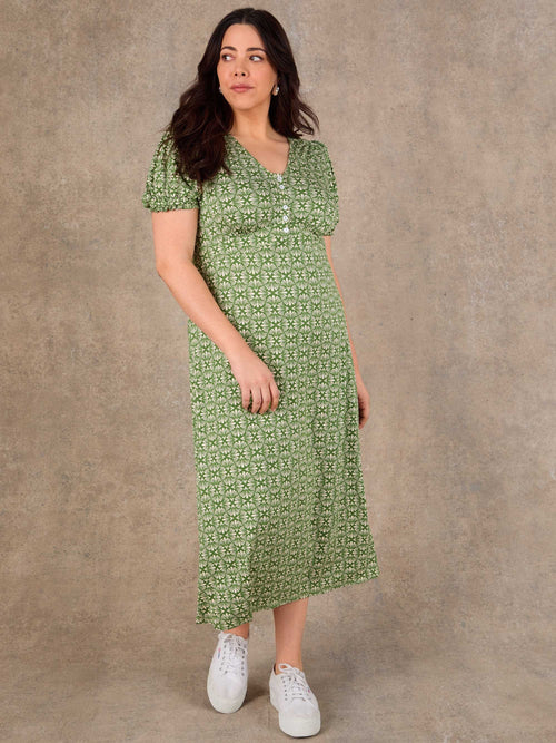 Green floral midi dress with V neckline and short puff sleeves