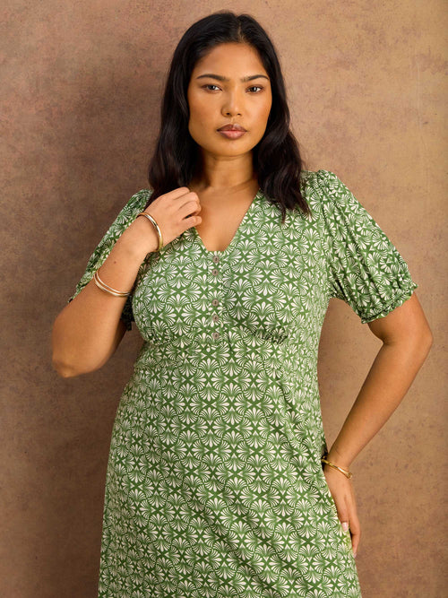 Green Geo Print Jersey Midaxi Dress