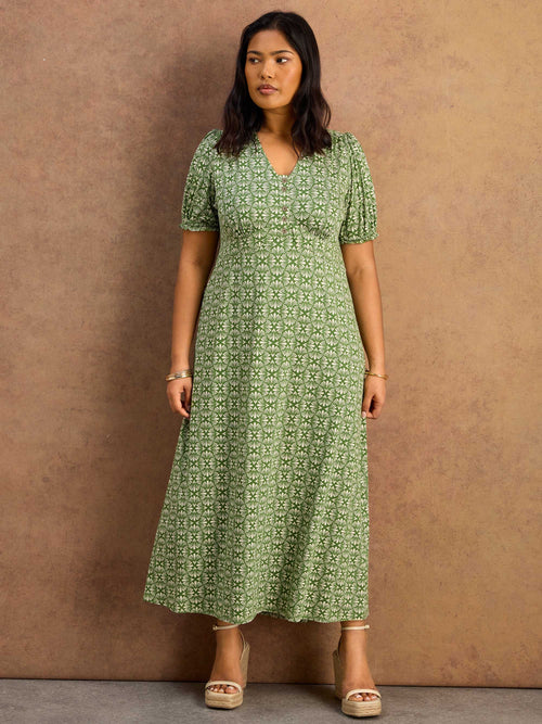 Green Geo Print Jersey Midaxi Dress