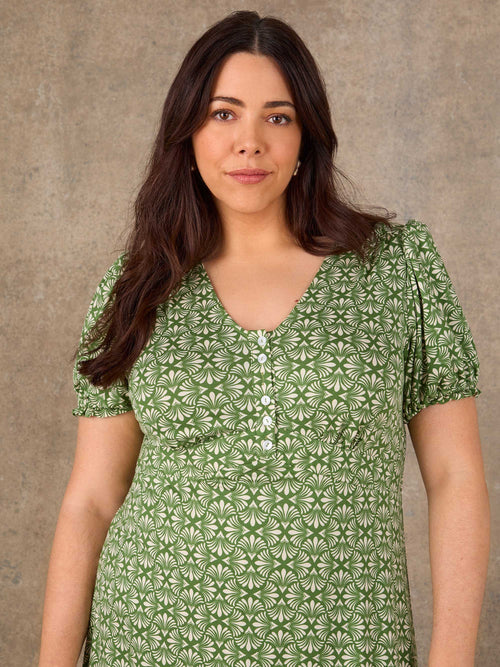 Green printed midi dress with elasticated waist and puff sleeves