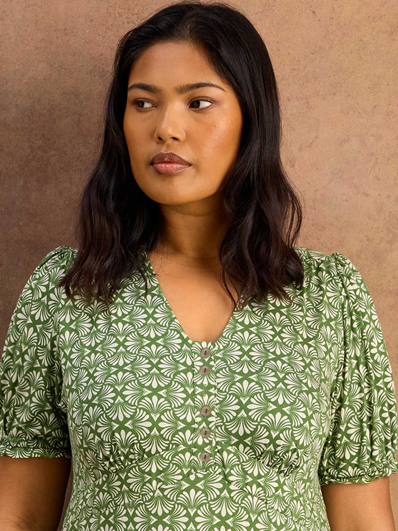 Green Geo Print Jersey Midaxi Dress