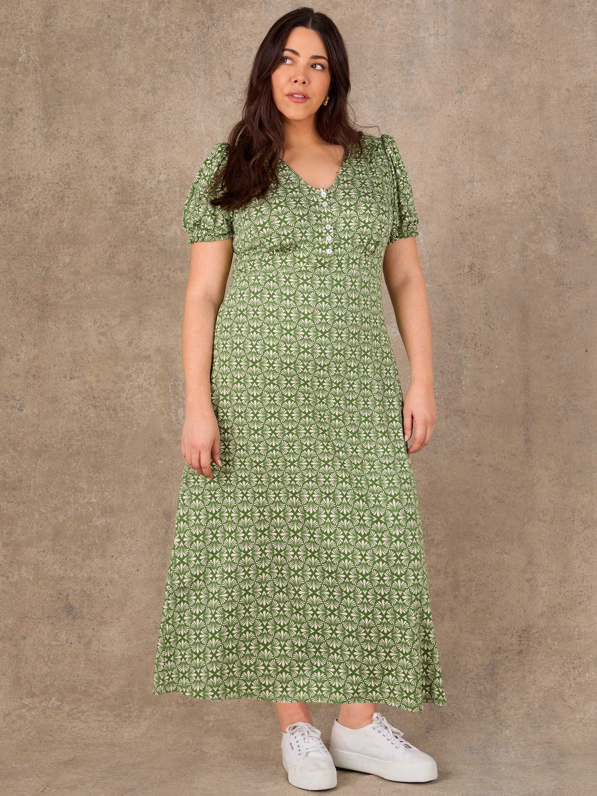 Green short sleeve floral midi dress with tie neckline detail
