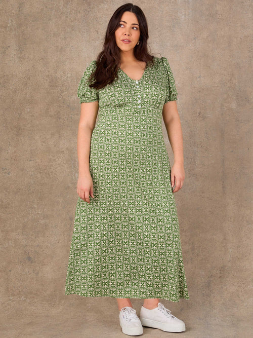 Green short sleeve floral midi dress with tie neckline detail