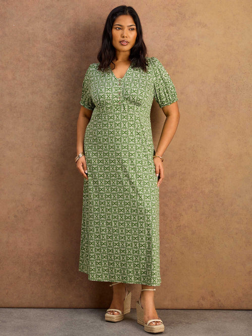 Green Geo Print Jersey Midaxi Dress