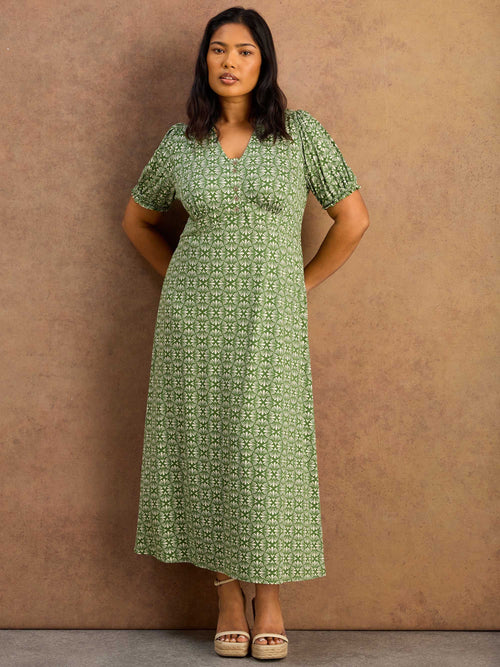 Green Geo Print Jersey Midaxi Dress