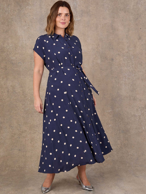 Curve navy polka dot midi shirt dress featuring collar neckline and grown-on short sleeves