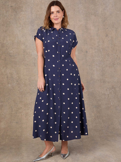 Plus size navy spot print midaxi dress with button-through front and adjustable tie waist