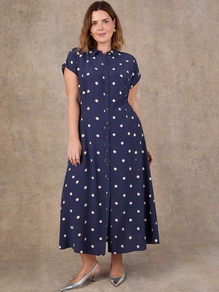 Plus size navy spot print midaxi dress with button-through front and adjustable tie waist