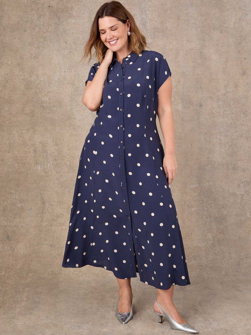 Curve fit navy polka dot shirt dress with collar detail and flattering midi length