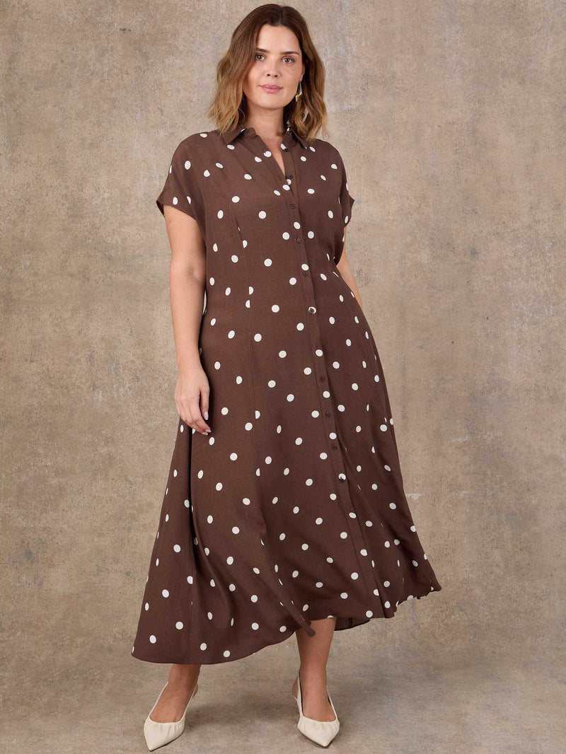 Petite Brown Polka Dot Print Midaxi Shirt Dress