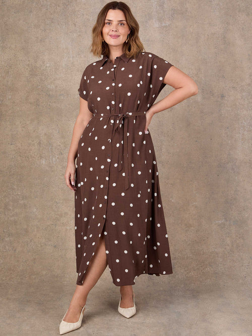 Petite Brown Polka Dot Print Midaxi Shirt Dress