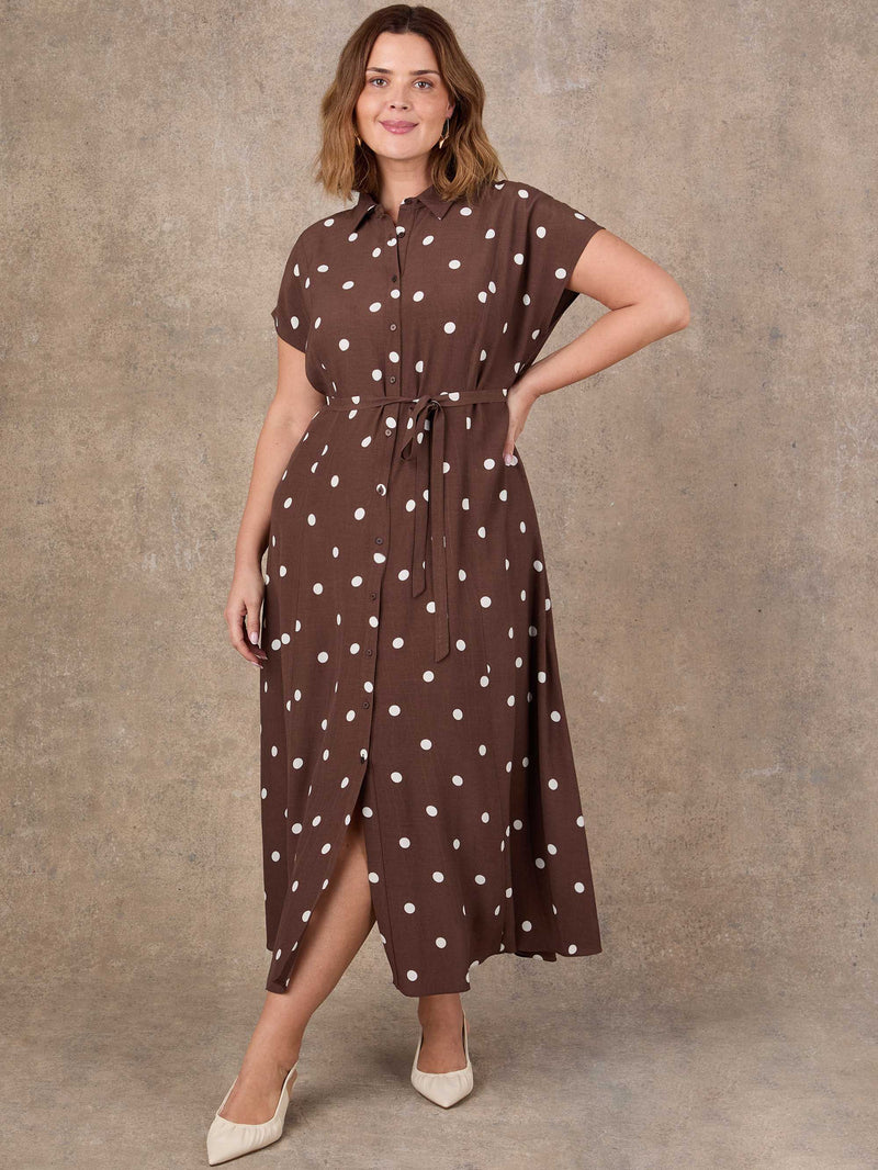 Petite Brown Polka Dot Print Midaxi Shirt Dress