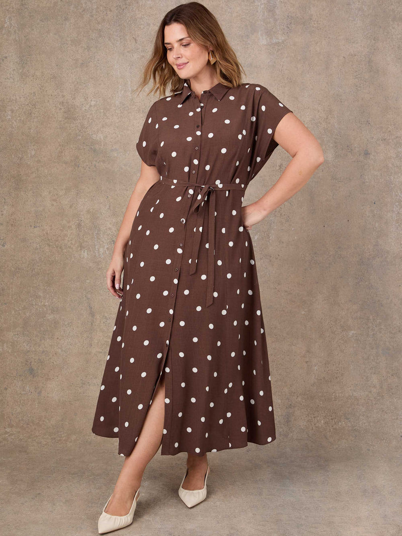 Petite Brown Polka Dot Print Midaxi Shirt Dress