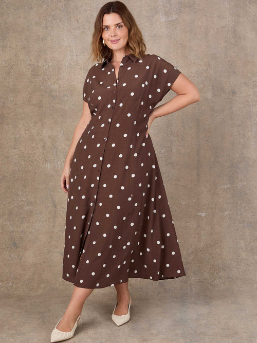 Petite Brown Polka Dot Print Midaxi Shirt Dress