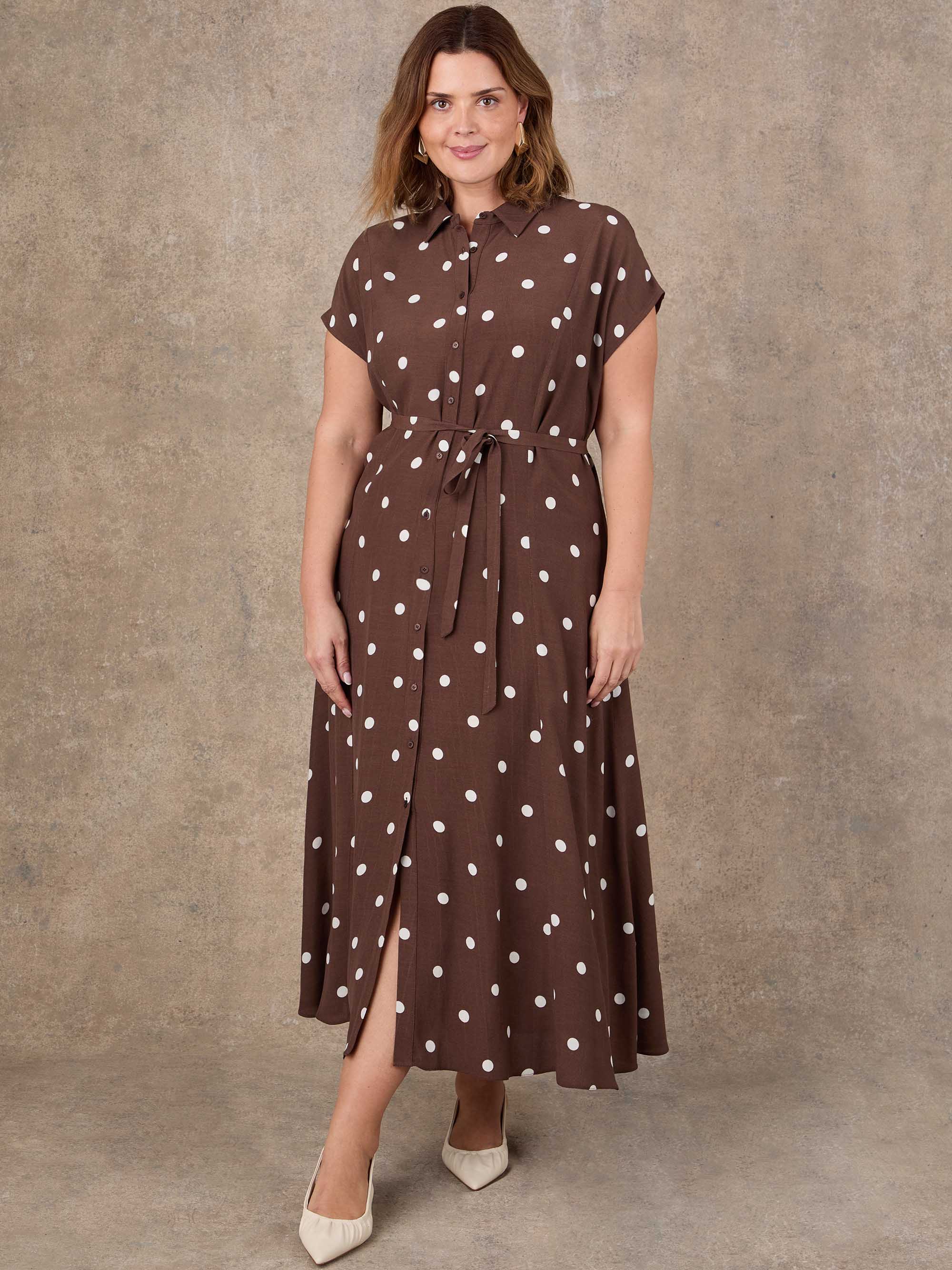 Brown Polka Dot Print Midaxi Shirt Dress
